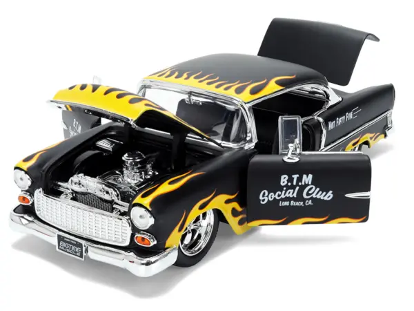 1955 Chevrolet Bel Air "BTM Social Club" Matt Black with Flames "Bigtime Muscle" Series 1/24 Diecast Model Car by Jada #2