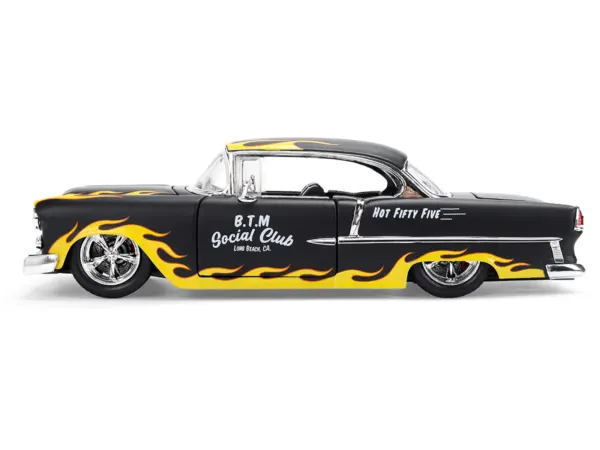 1955 Chevrolet Bel Air "BTM Social Club" Matt Black with Flames "Bigtime Muscle" Series 1/24 Diecast Model Car by Jada #4