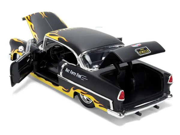 1955 Chevrolet Bel Air "BTM Social Club" Matt Black with Flames "Bigtime Muscle" Series 1/24 Diecast Model Car by Jada #5