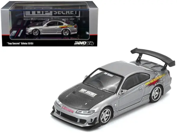 Nissan "Top Secret" Silvia (S15) RHD (Right Hand Drive) Silver Metallic with Carbon Hood 1/64 Diecast Model Car by Inno Models #1