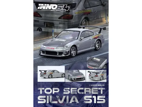Nissan "Top Secret" Silvia (S15) RHD (Right Hand Drive) Silver Metallic with Carbon Hood 1/64 Diecast Model Car by Inno Models #4