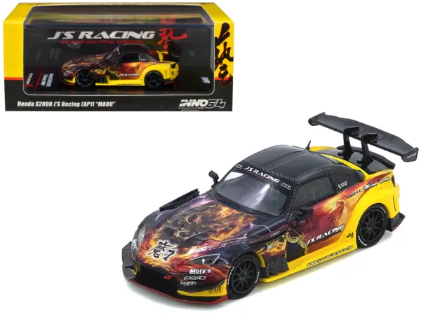 Honda S2000 (AP1) RHD (Right Hand Drive) "J's Racing - Maou" Yellow with Carbon Top with Graphics 1/64 Diecast Model Car by Inno Models #1