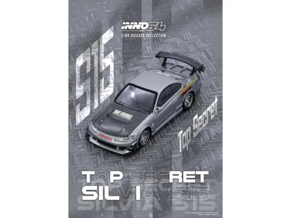 Nissan "Top Secret" Silvia (S15) RHD (Right Hand Drive) Silver Metallic with Carbon Hood 1/64 Diecast Model Car by Inno Models #5