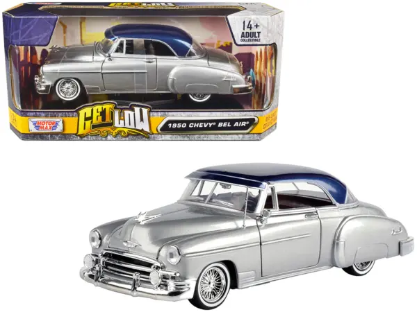 1950 Chevrolet Bel Air Lowrider Silver Metallic with Blue Metallic Top "Get Low" Series 1/24 Diecast Model Car by Motormax #1