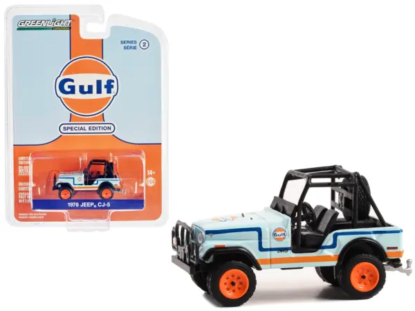1976 Jeep CJ-5 Light Blue with Blue and Orange Stripes "Gulf Oil Special Edition" Series 2 1/64 Diecast Model Car by Greenlight #1