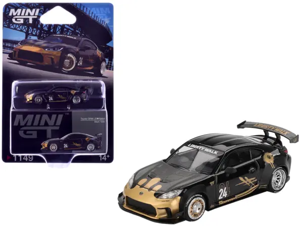 Toyota GR86 "LB-Nation - Liberty Walk" #24 Black with Carbon Hood and Gold Graphics Limited Edition 1/64 Diecast Model Car by Mini GT #1