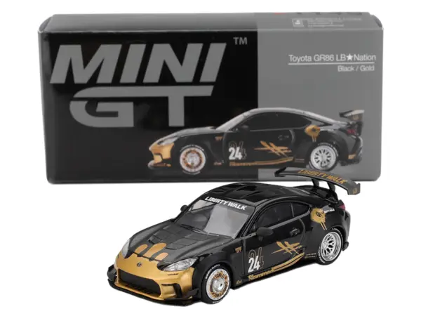Toyota GR86 "LB-Nation - Liberty Walk" #24 Black with Carbon Hood and Gold Graphics Limited Edition 1/64 Diecast Model Car by Mini GT #4