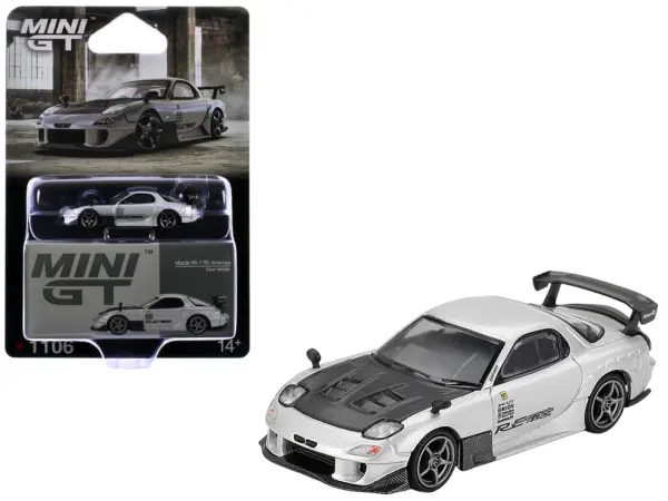 Mazda RX-7 RE-Amemiya Silver Metallic with Matt Black Hood Limited Edition 1/64 Diecast Model Car by Mini GT #1