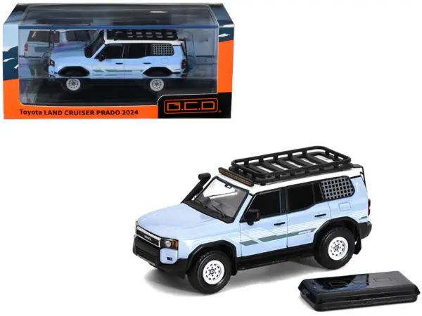 2024 Toyota Land Cruiser Prado Light Blue with White Top and Stripes with Roof Rack and Accessory 1/64 Diecast Model Car by GCD #1