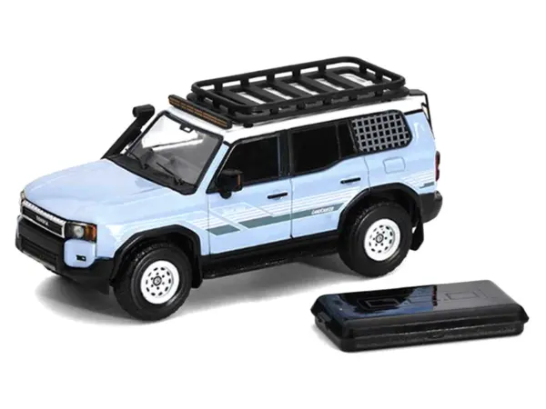 2024 Toyota Land Cruiser Prado Light Blue with White Top and Stripes with Roof Rack and Accessory 1/64 Diecast Model Car by GCD #2
