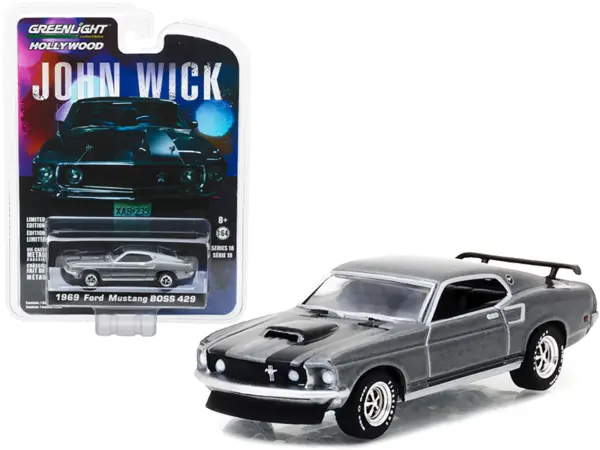 1969 Ford Mustang Boss 429 Gray Metallic with Black Stripes "John Wick" (2014) Movie "Hollywood Series" Release 18 1/64 Diecast Model Car by Greenlight #1
