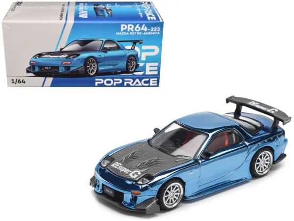 Mazda RX-7 RE-Amemiya Widebody RHD (Right Hand Drive) Blue Chrome with Carbon Hood 1/64 Diecast Model Car by Pop Race #1