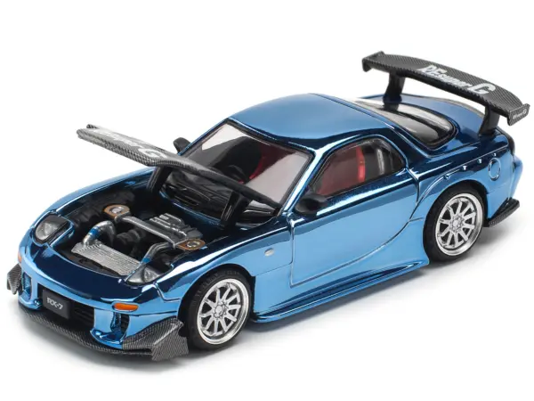 Mazda RX-7 RE-Amemiya Widebody RHD (Right Hand Drive) Blue Chrome with Carbon Hood 1/64 Diecast Model Car by Pop Race #2