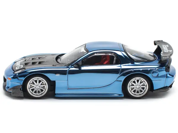 Mazda RX-7 RE-Amemiya Widebody RHD (Right Hand Drive) Blue Chrome with Carbon Hood 1/64 Diecast Model Car by Pop Race #3