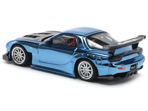 Mazda RX-7 RE-Amemiya Widebody RHD (Right Hand Drive) Blue Chrome with Carbon Hood 1/64 Diecast Model Car by Pop Race #5