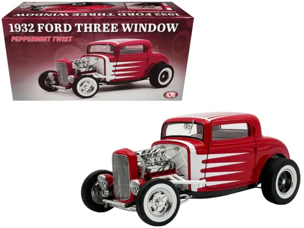 1932 Ford 3 Window Coupe "Peppermint Twist" Red with White Graphics Limited Edition to 372 pieces Worldwide 1/18 Diecast Model Car by ACME #1