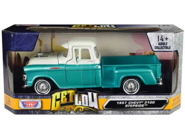 1957 Chevrolet 3100 Stepside Pickup Truck Lowrider Turquoise Metallic and White with White Interior "Get Low" Series 1/24 Diecast Model Car by Motormax #1