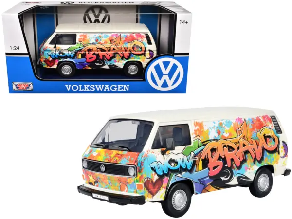 Volkswagen Type 2 (T3) Van White Metallic with Graffiti Graphics 1/24 Diecast Model Car by Motormax #1
