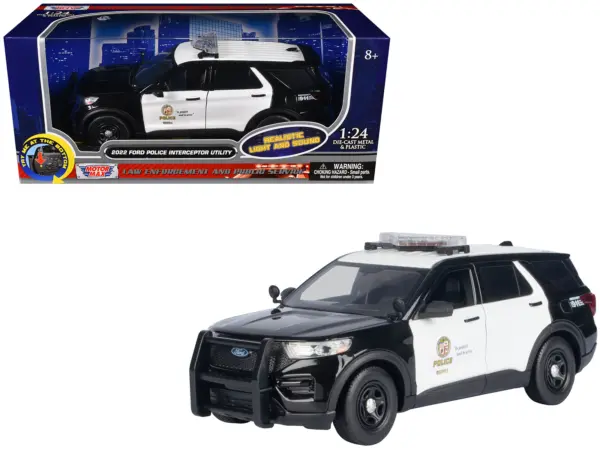 2022 Ford Police Interceptor Utility Black and White "Los Angeles Police Department (LAPD)" with Flashing Light Bar and Front and Rear Lights and Sounds 1/24 Diecast Model Car by Motormax #1