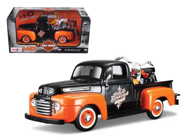 1948 Ford F-1 Pickup Truck with 1958 Harley Davidson FLH Duo Glide Motorcycle Orange and Black 1/24 Diecast Models by Maisto #1