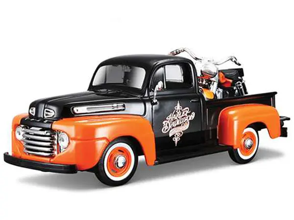 1948 Ford F-1 Pickup Truck with 1958 Harley Davidson FLH Duo Glide Motorcycle Orange and Black 1/24 Diecast Models by Maisto #2
