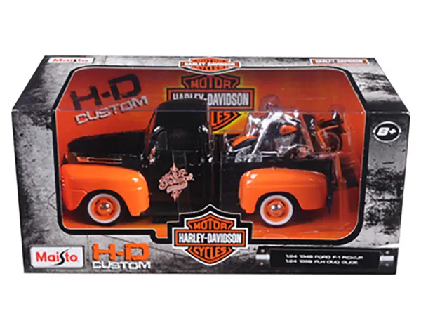 1948 Ford F-1 Pickup Truck with 1958 Harley Davidson FLH Duo Glide Motorcycle Orange and Black 1/24 Diecast Models by Maisto #3