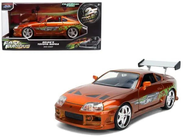Brian's Toyota Supra Orange Color Brush Finish 25 Years of Fast & Furious Anniversary "The Fast and the Furious" (2001) Movie "Fast & Furious" Series 1/24 Diecast Model Car by Jada #1