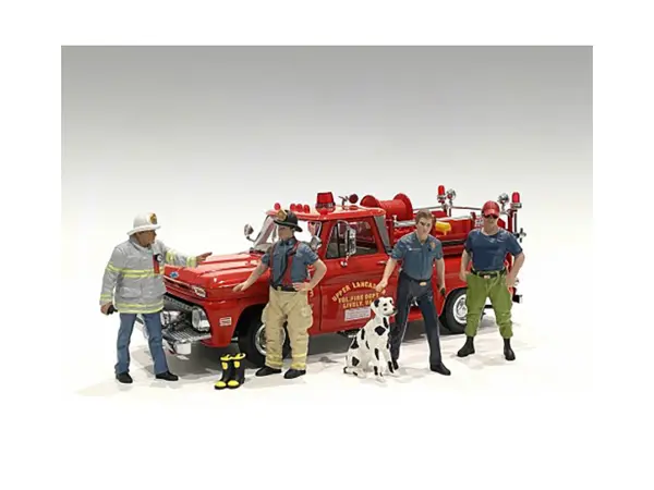 "Firefighters" 6 piece Figure Set (4 Males 1 Dog 1 Accessory) for 1/18 Scale Models by American Diorama #1