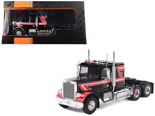 1977 Freightliner FLC 120 64 T Truck Tractor Black with Red and White Stripes 1/43 Diecast Model by IXO Models #1