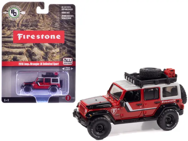 2018 Jeep Wrangler JK Unlimited Sport "Firestone Field Agent" Red with Graphics and Gray Top with Roof Rack "Big Country Collectibles" 2025 Series 1/64 Diecast Model Car by Auto World #1