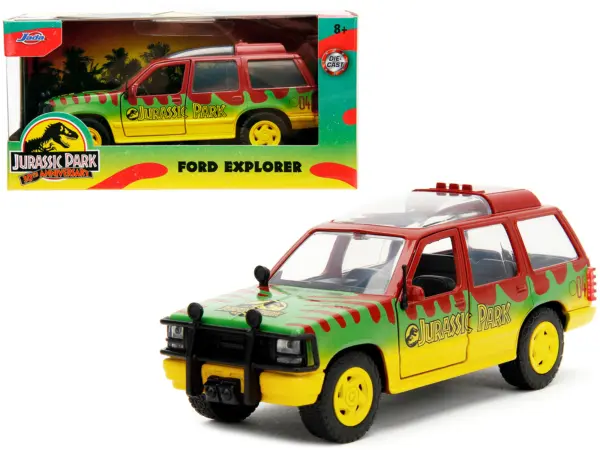 Ford Explorer Red and Yellow with Green Graphics "Jurassic Park" (1993) Movie 30th Anniversary "Hollywood Rides" Series 1/32 Diecast Model Car by Jada #1