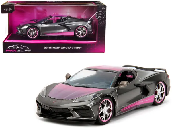 2020 Chevrolet Corvette Stingray Gray Metallic with Pink Carbon Hood and Top "Pink Slips" Series 1/24 Diecast Model Car by Jada #1