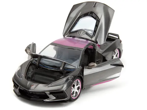 2020 Chevrolet Corvette Stingray Gray Metallic with Pink Carbon Hood and Top "Pink Slips" Series 1/24 Diecast Model Car by Jada #2