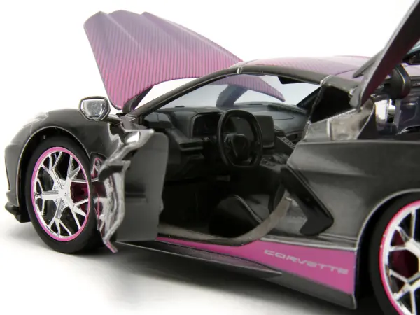 2020 Chevrolet Corvette Stingray Gray Metallic with Pink Carbon Hood and Top "Pink Slips" Series 1/24 Diecast Model Car by Jada #3