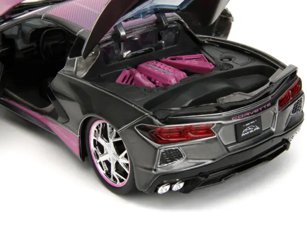 2020 Chevrolet Corvette Stingray Gray Metallic with Pink Carbon Hood and Top "Pink Slips" Series 1/24 Diecast Model Car by Jada #4