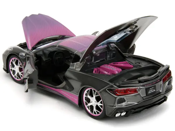 2020 Chevrolet Corvette Stingray Gray Metallic with Pink Carbon Hood and Top "Pink Slips" Series 1/24 Diecast Model Car by Jada #5