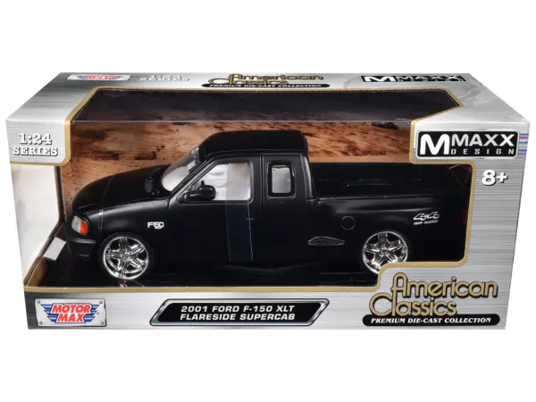 2001 Ford F-150 XLT Flareside Supercab Pickup Truck Matt Black with White Interior "Maxx Design" "American Classics" Series 1/24 Diecast Model Car by Motormax #1