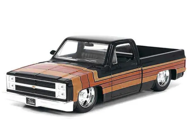 1985 Chevrolet C-10 Pickup Truck Black with Stripes and GM Rally Wheels "Just Trucks" Series 1/24 Diecast Model Car by Jada #2