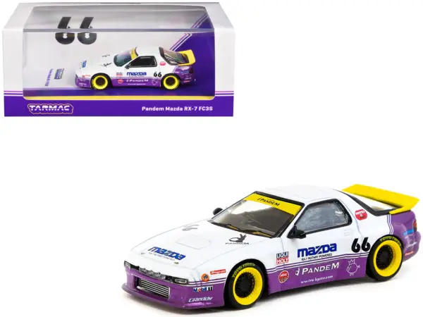Mazda RX-7 FC3S Pandem RHD (Right Hand Drive) #66 White and Purple with Graphics "Hobby64" Series 1/64 Diecast Model Car by Tarmac Works #1