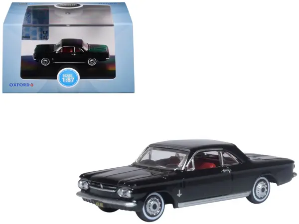 1963 Chevrolet Corvair Coupe Tuxedo Black with Red Interior  1/87 (HO) Scale Diecast Model Car by Oxford Diecast #1