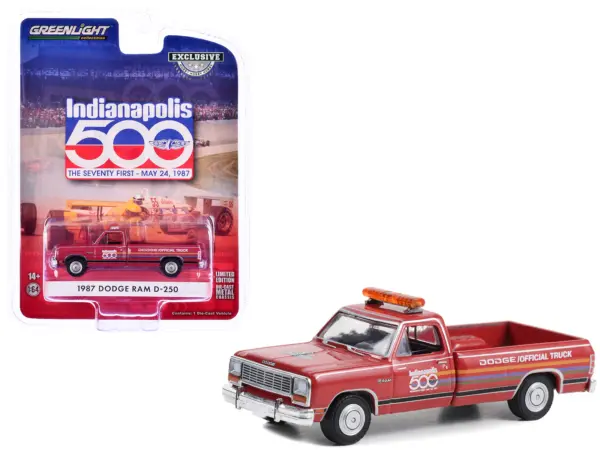 1987 Dodge Ram D-250 Pickup Truck "71st Annual Indianapolis 500 Mile Race Dodge Official Truck" Red with Stripes "Hobby Exclusive" Series 1/64 Diecast Model Car by Greenlight #1