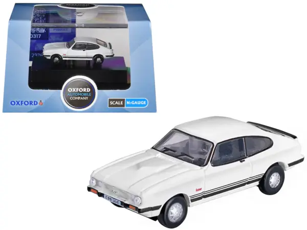 Ford Capri Mk3 RHD (Right Hand Drive) Diamond White with Black Stripes 1/148 (N) Scale Diecast Model Car by Oxford Diecast #1