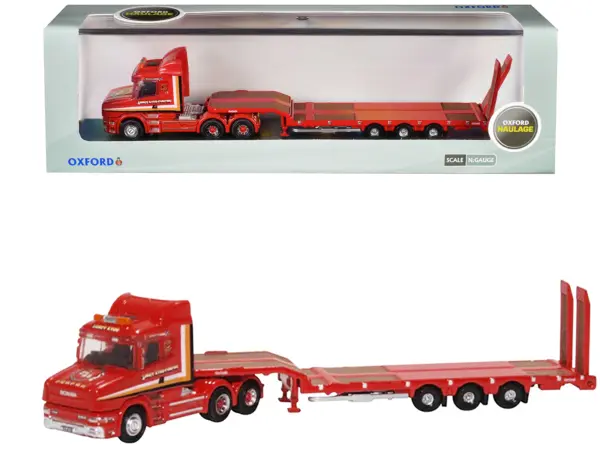 Scania T-Cab Truck RHD (Right Hand Drive) with Lowboy Trailer "Sandy Kydd" Red with Stripes 1/148 (N) Scale Diecast Model Car by Oxford Diecast #1