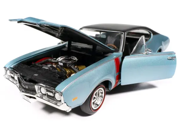 1968 Oldsmobile 442 W30 Holiday Coupe Teal Frost Metallic with Red Stripes and Black Vinyl Top "Hemmings Motor News July 2023 Cover Car" "American Muscle" Series 1/18 Diecast Model Car by Auto World #2