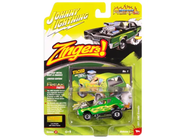 1971 AMC Gremlin Lime Green Metallic with Yellow Flames and Interior "Zingers!" Series 1/64 Diecast Model Car by Johnny Lightning #3
