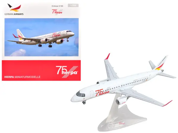 Embraer E190 Commercial Aircraft "German Airways - Herpa 75 Years" (D-ACJJ) White with Graphics 1/200 Diecast Model by Herpa #1