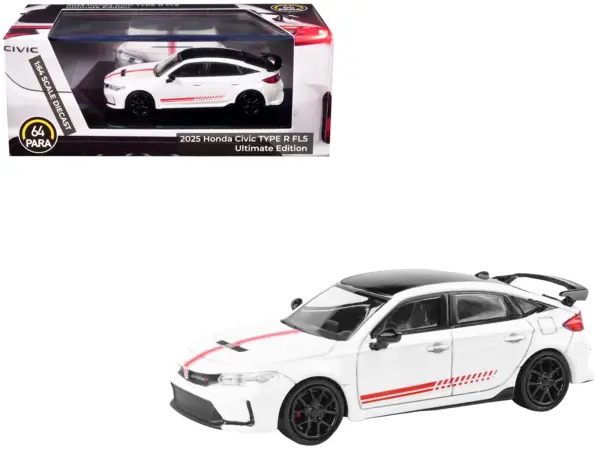 2025 Honda Civic Type R FL5 "Ultimate Edition" White with Red Stripes and Black Top 1/64 Diecast Model Car by Paragon #1