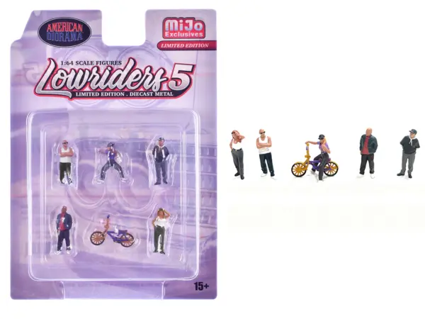 "Lowriders #5" 6 piece (5 People 1 Bicycle) Diecast Figures Set 1/64 Scale Models by American Diorama #1