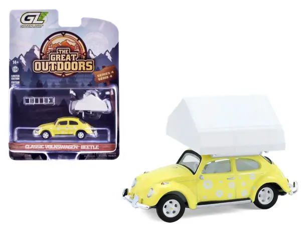 Volkswagen Classic Beetle Yellow with White Flower Graphics and Interior with Camp'otel Cartop Sleeper Tent "The Great Outdoors" Series 4 1/64 Diecast Model Car by Greenlight #1