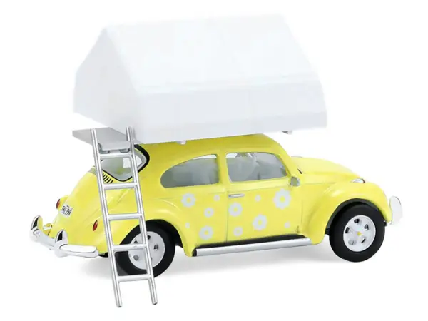 Volkswagen Classic Beetle Yellow with White Flower Graphics and Interior with Camp'otel Cartop Sleeper Tent "The Great Outdoors" Series 4 1/64 Diecast Model Car by Greenlight #3